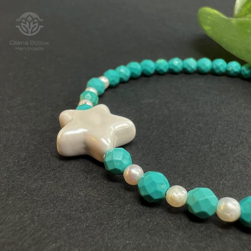 Brățară Turcoaz, Perle si Aur Filat 14K