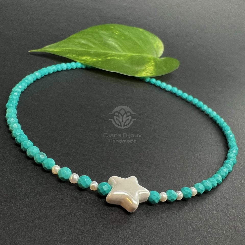 Colier Turcoaz, Perle si Aur Filat 14K
