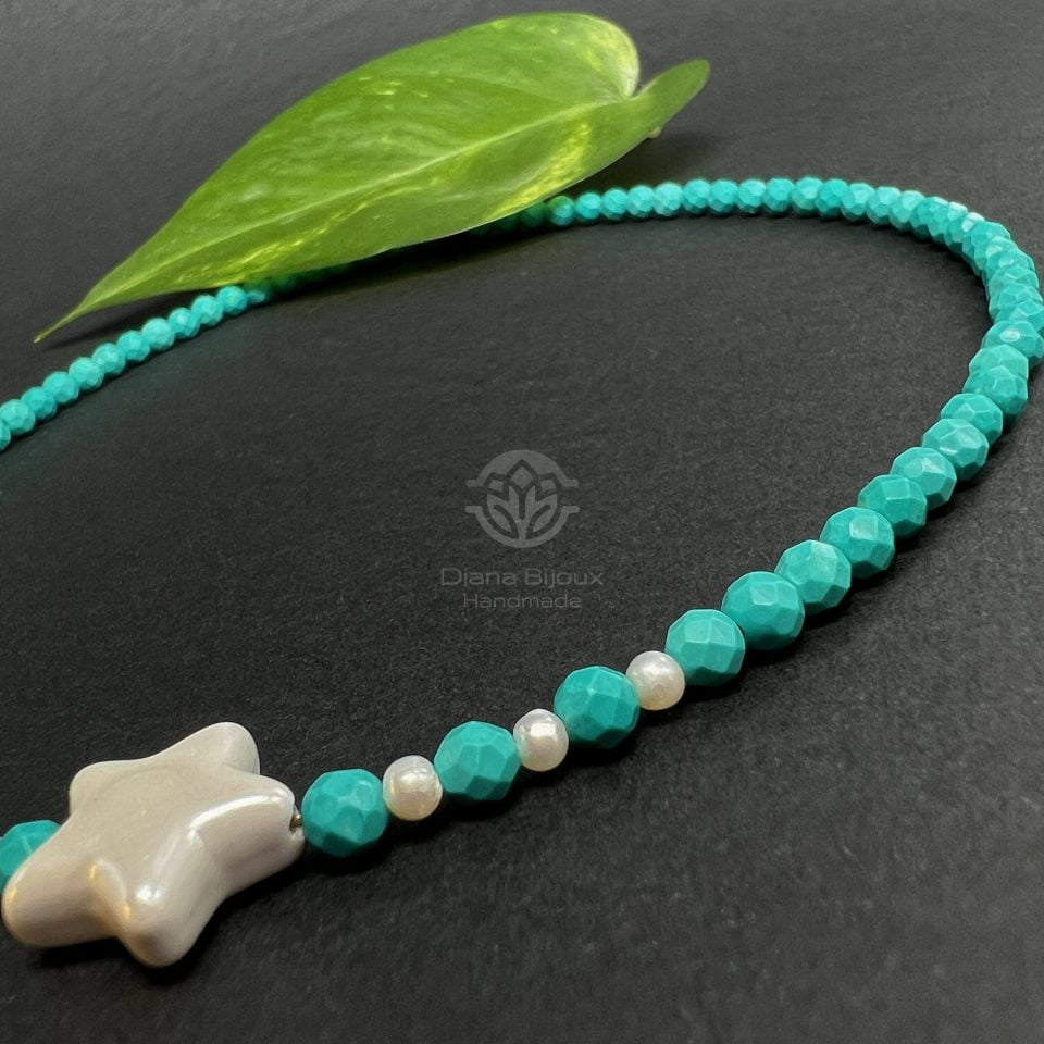 Colier Turcoaz, Perle si Aur Filat 14K