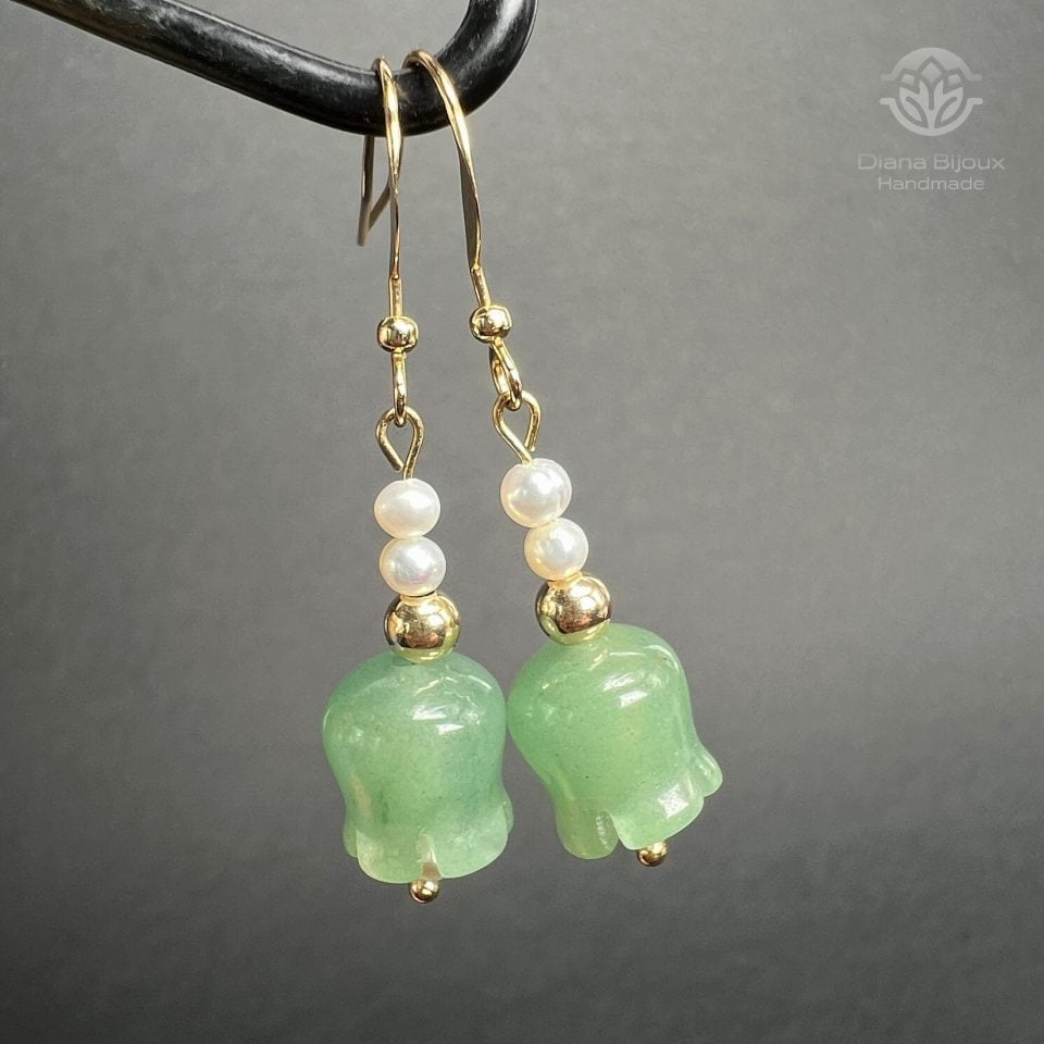 Cercei Aventurin, Perle si Aur Filat 14k