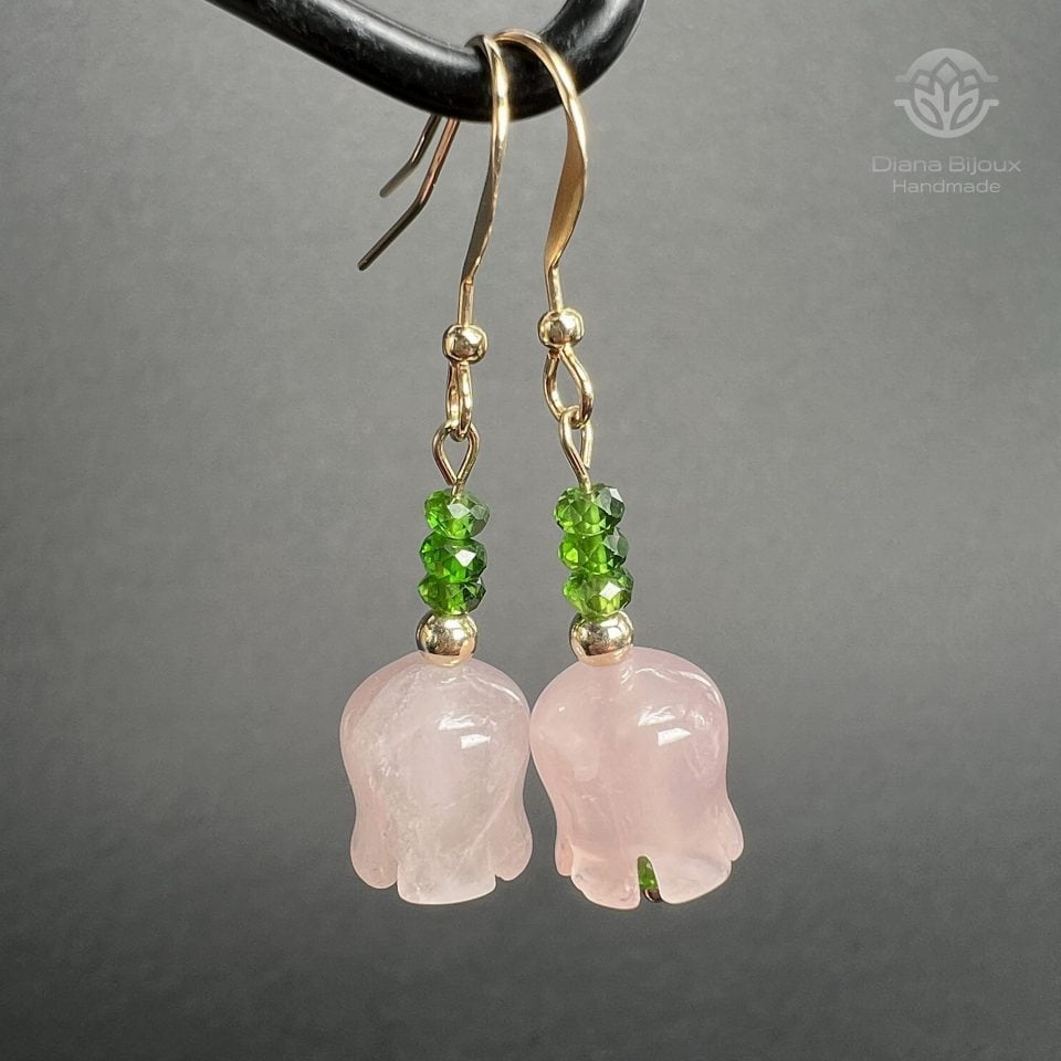 Cercei Cuart Roz, Diopsid si Aur Filat 14k