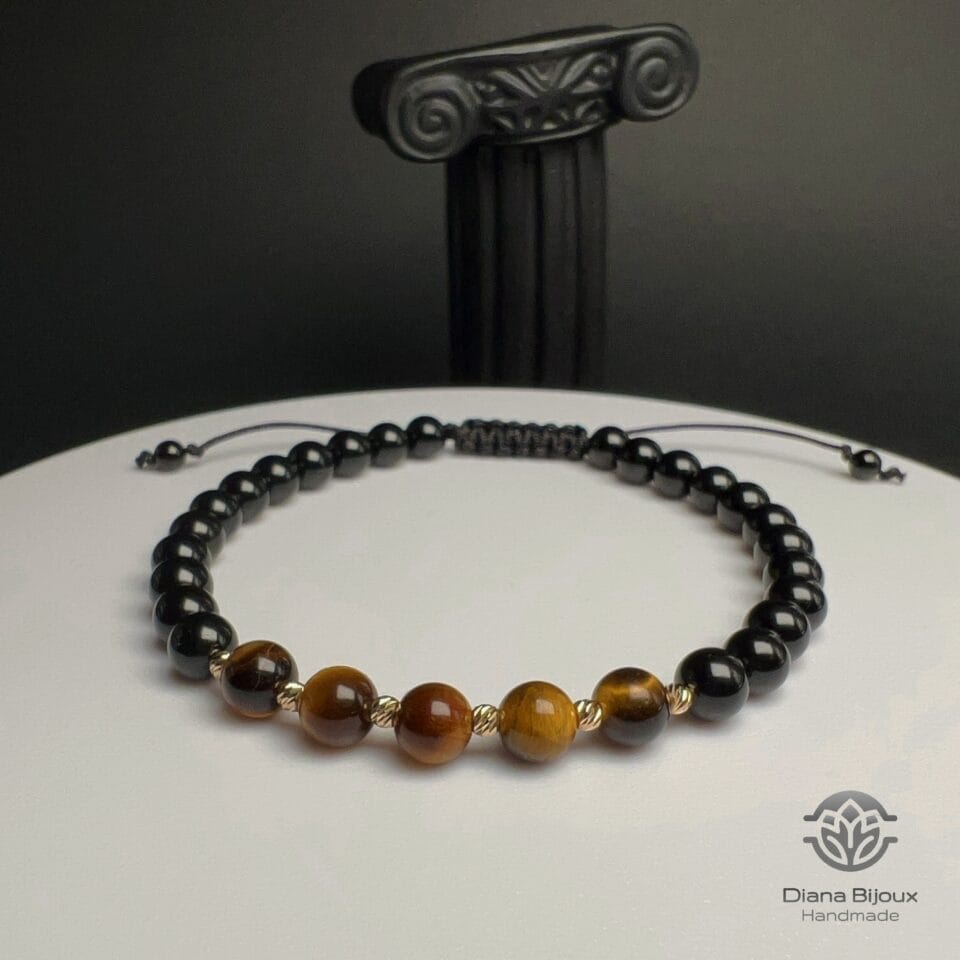 Brățară snur Ochi de Tigru, Turmalina Neagra si Aur 14K