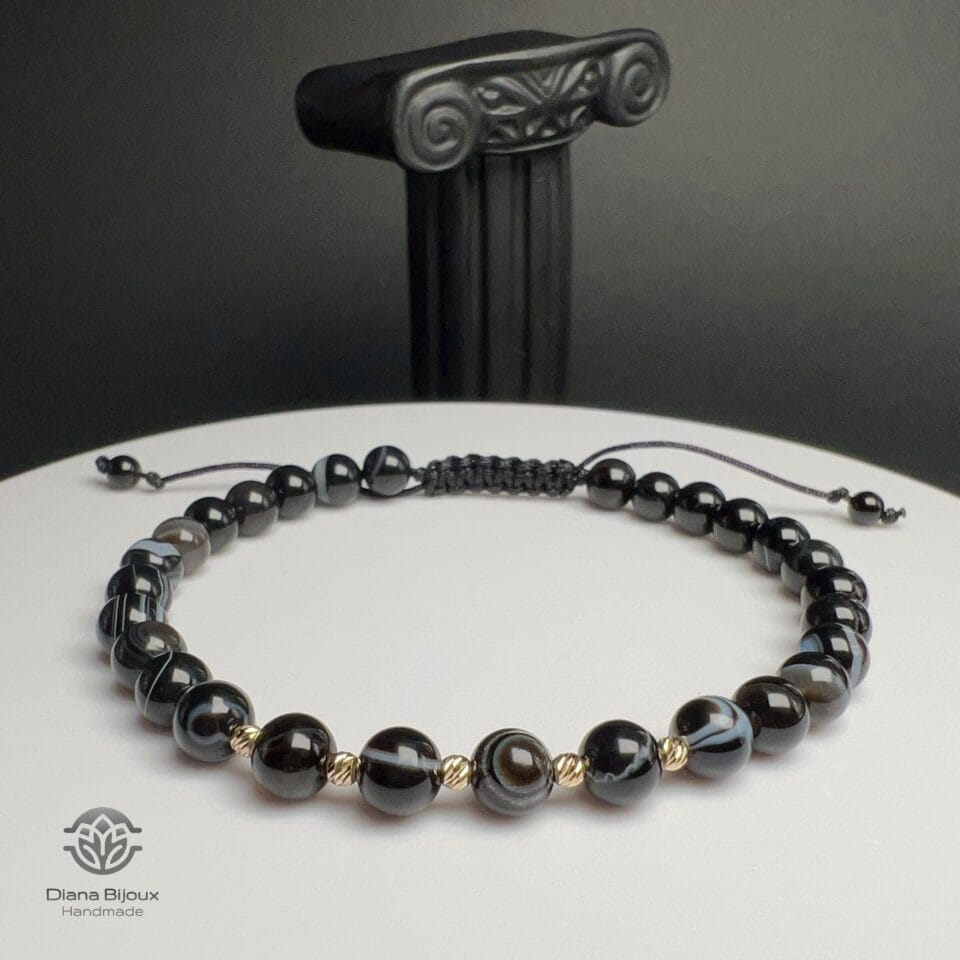 Brățară snur Agat negru dantelat si Aur 14k