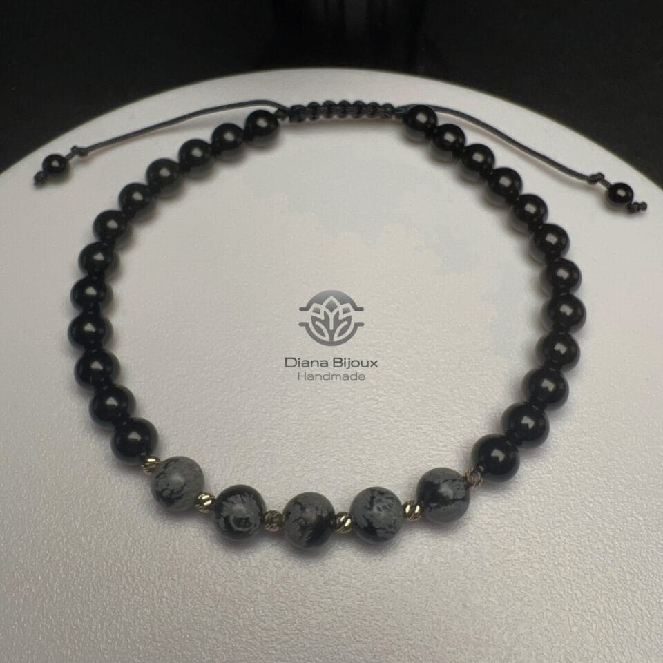 Brățară snur Obsidian Fulg-de-nea, Turmalina Neagra si Aur 14K