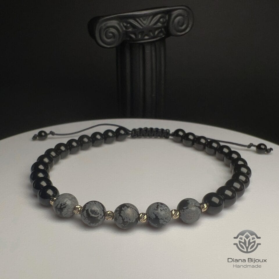 Brățară snur Obsidian Fulg-de-nea, Turmalina Neagra si Aur 14K