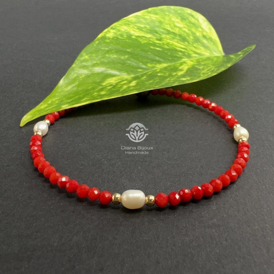 Brățară Coral, Perle de cultura si Aur Filat 14K
