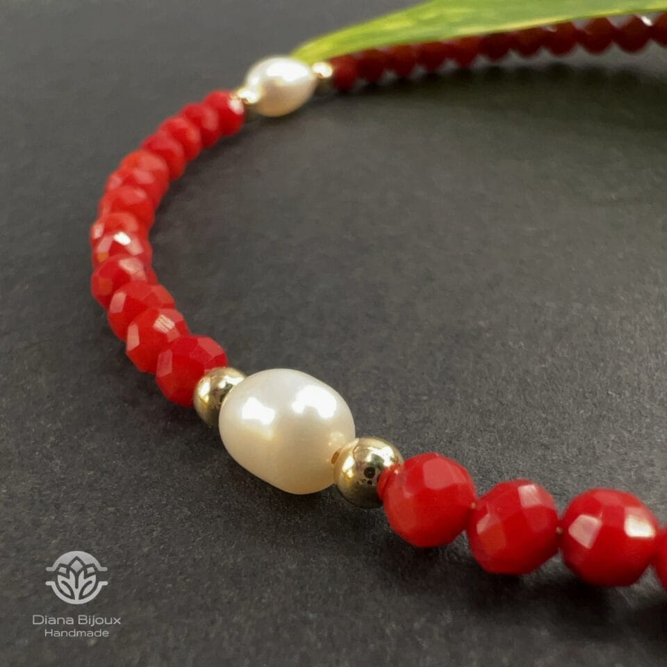 Brățară Coral, Perle de cultura si Aur Filat 14K